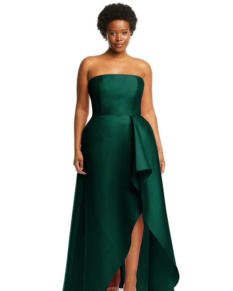 Front of a model wearing a size 24W Strapless Satin Gown with Draped Front Slit and Pockets in Hunter Green by Alfred Sung. | dia_product_style_image_id:267168